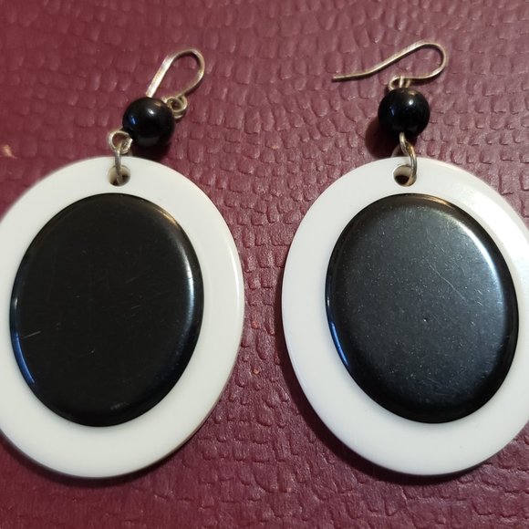 Vintage Black and White Drop Earrings, Bold, Mod Culture. Modern. - Picture 1 of 4